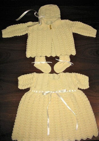 Vintage Knitting Pattern Knit Baby Girl Heather Ripple Eyelet Layette Set PDF Instant Digital Download Sweater Dress Booties Bonnet Mitts