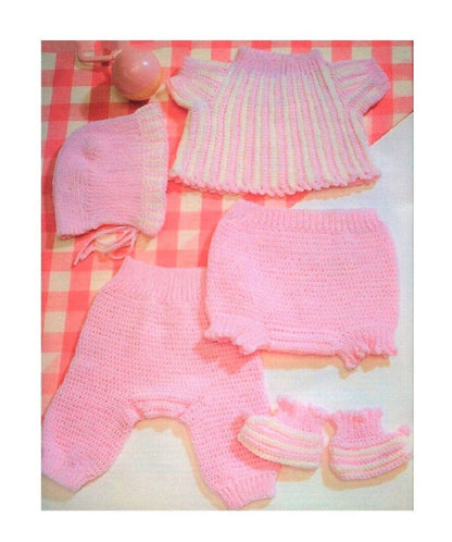 Vintage Crochet Pattern Baby Girl 5 Piece Sun Suit Set PDF Instant Digital Download Bonnet Top Panties Booties 0-6 months 5 Ply