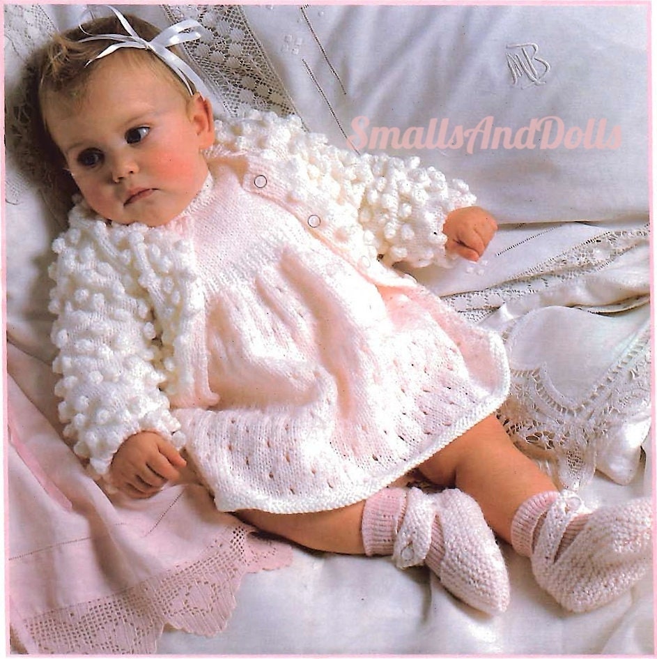 Vintage Knitting Pattern Pretty Baby Girl Bobble Cardigan Eyelet Lace Dress Shoes Set PDF Instant Digital Download 0-18m DK 8 Ply