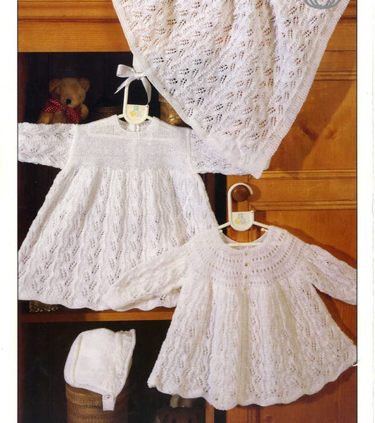 Vintage Knitting Pattern Baby Girl Lace Wheat Knit 4 Piece Set Matinee Coat Dress Bonnet Blanket PDF Instant Digital Download  0-9m 2 Ply
