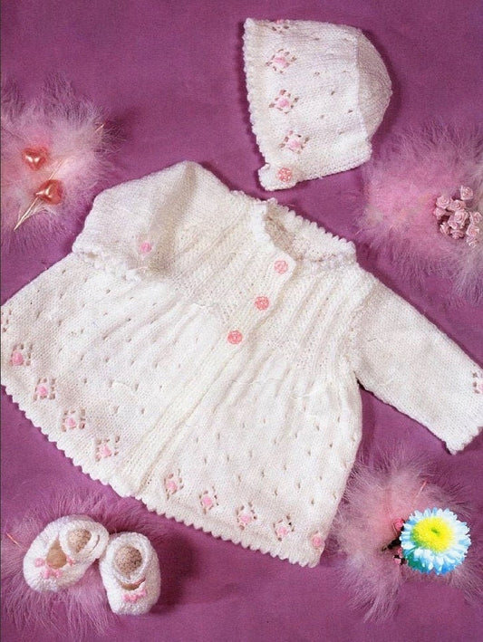Vintage Knitting Pattern Baby Girl Jacket Bonnet Slippers Shoes Set PDF Instant Digital Download Preemie -18 m DK 8 Ply