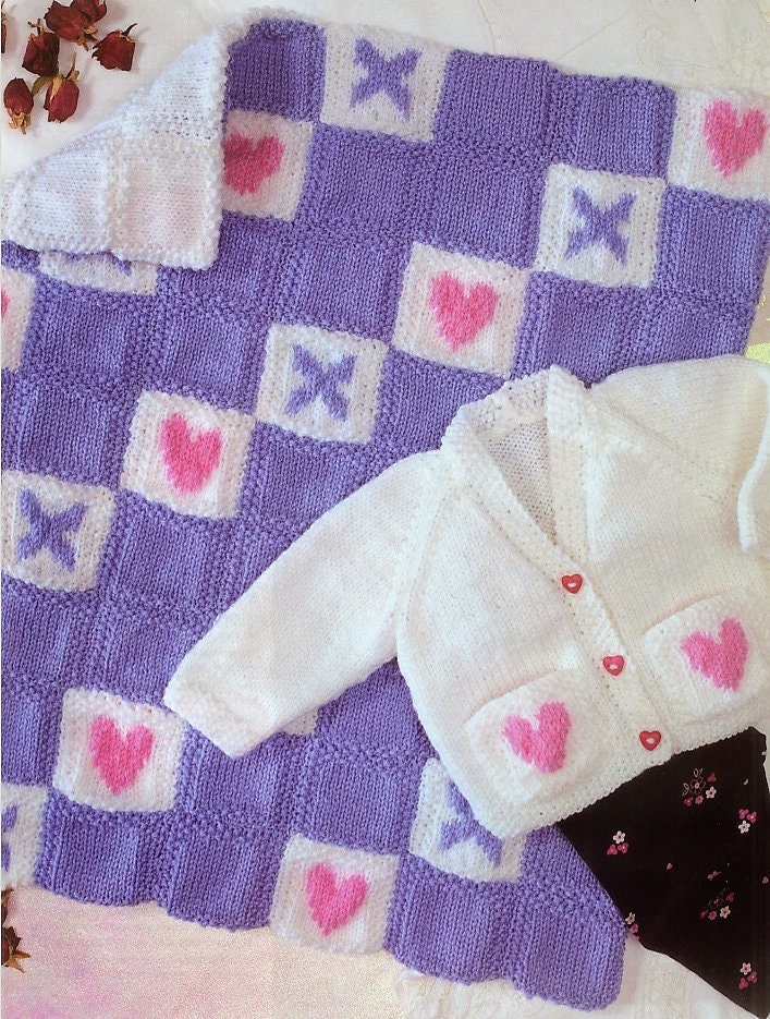 Vintage Knitting Pattern Knit Baby Girl Hearts Cardigan Sweater and XOXO Blanket Set PDF Instant Digital Download Preemie - 2 yrs DK