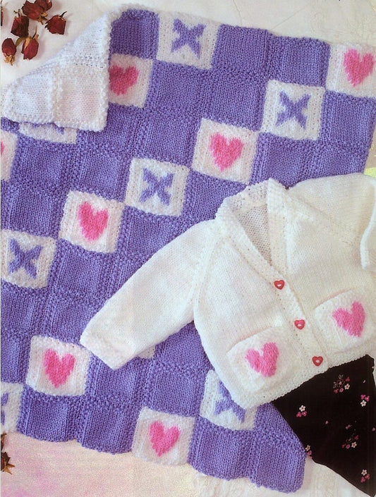 Vintage Knitting Pattern Knit Baby Girl Hearts Cardigan Sweater and XOXO Blanket Set PDF Instant Digital Download Preemie - 2 yrs DK