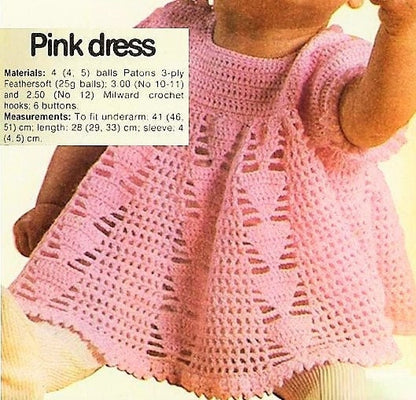 Vintage Crochet Pattern Baby Girl Pink Lacy Arrow Dress PDF Instant Digital Download 3 9 18 Months 3 Ply