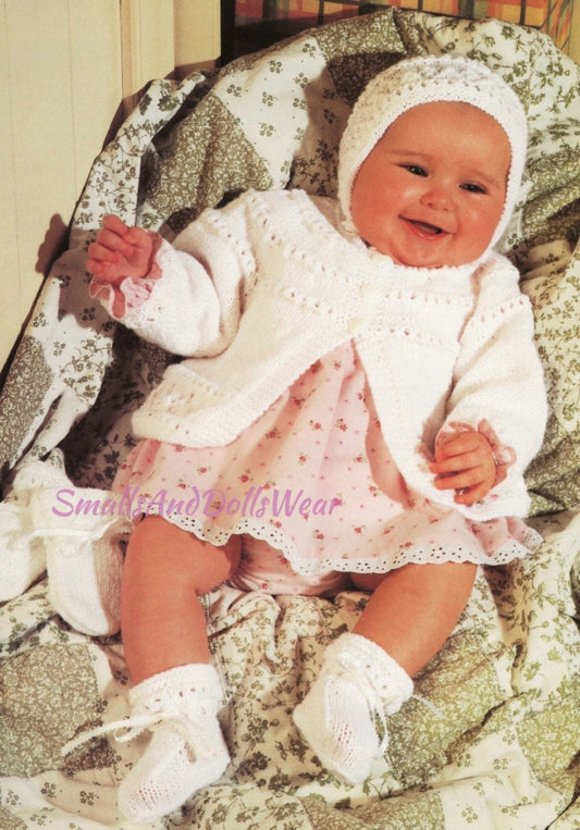 Vintage Knitting Pattern Knit Baby Girl 4 Pc Layette Set Matinee Jacket Mitts Bonnet Booties PDF Instant Digital Download 0-24m 8 Ply DK