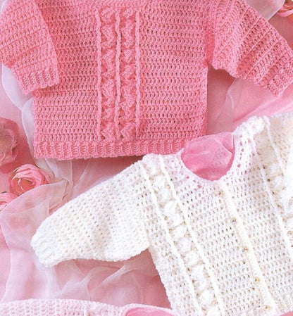 Vintage Crochet Pattern Baby Girl Pretty Paneled Cardigan and Pullover Sweaters PDF Instant Digital Download Preemie - 12 Months DK 8 Ply