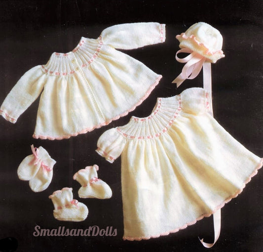 Vintage Knitting Pattern Knit Baby Girl Pretty 5 Piece Set Ribbon Coat Dress Bonnet Booties Mitts PDF Instant Digital Download 6-18m 4 Ply