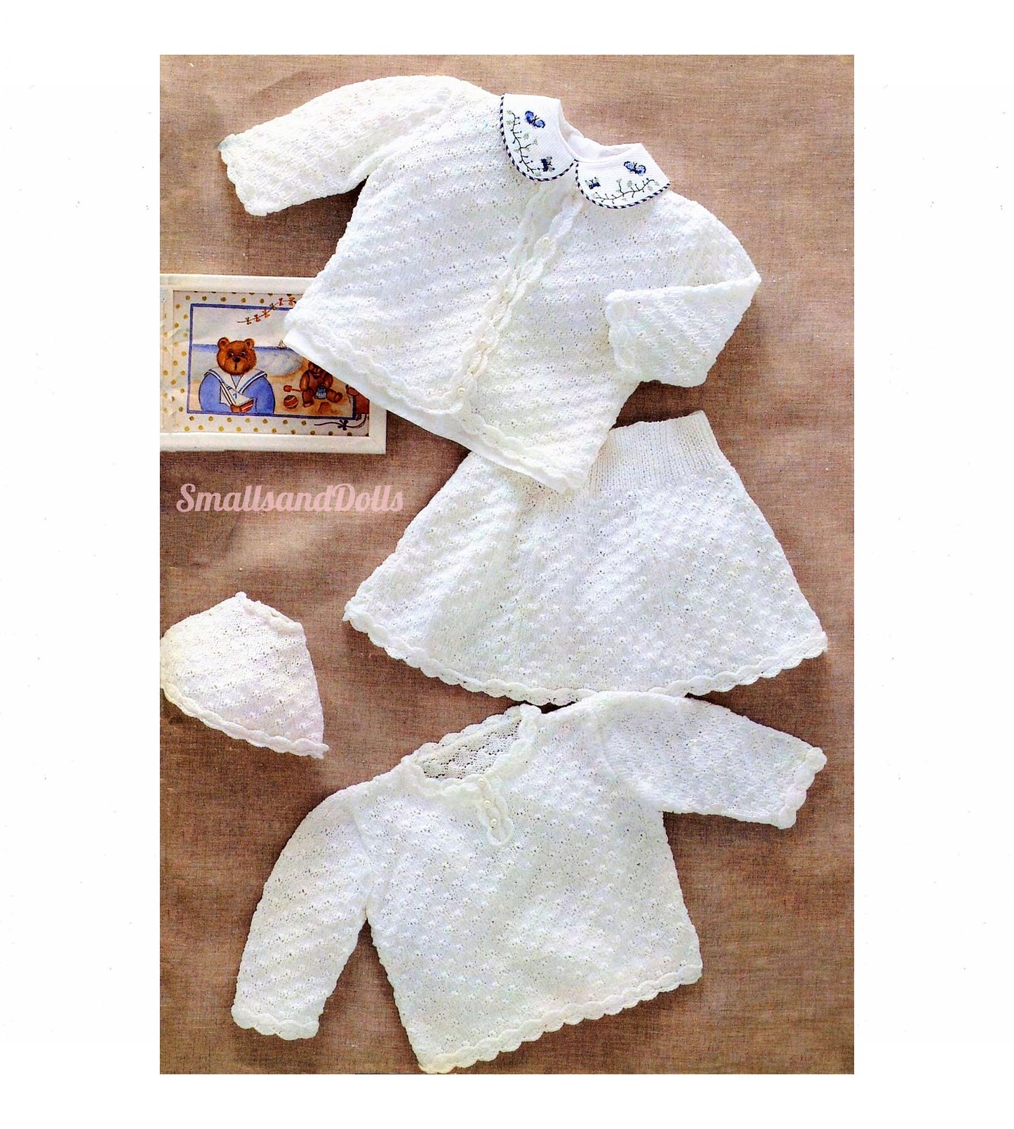 Vintage Knitting Pattern Baby Girls Textured Eyelet Cardigan Sweater Skirt Bonnet Set PDF Instant Digital Download 12m - 2 yrs 3 Ply