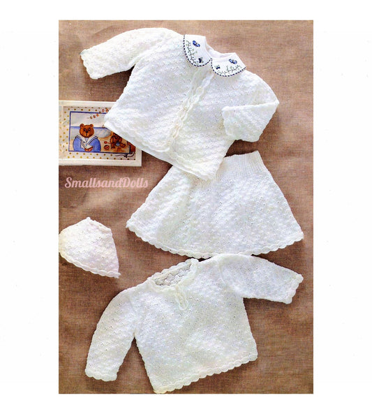 Vintage Knitting Pattern Baby Girls Textured Eyelet Cardigan Sweater Skirt Bonnet Set PDF Instant Digital Download 12m - 2 yrs 3 Ply
