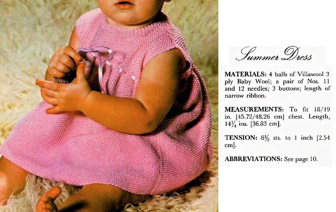 Vintage Knitting Pattern Baby Girl Sweet Simple Summer Dress Ribbon Yoke PDF Instant Digital Download Sleeveless 6-12 Months 3 Ply