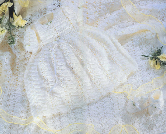 Vintage Crochet Pattern Baby Girl Christening Gown Booties Blanket Set PDF Instant Digital Download Short Dress 0-6m 4 Ply