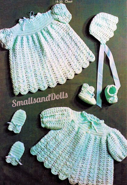 Vintage Crochet Pattern Pretty Baby Girl Treble Stitch Layette Set PDF Instant Digital Download Coat Dress Bonnet Mitts Booties 6-12m 4 Ply