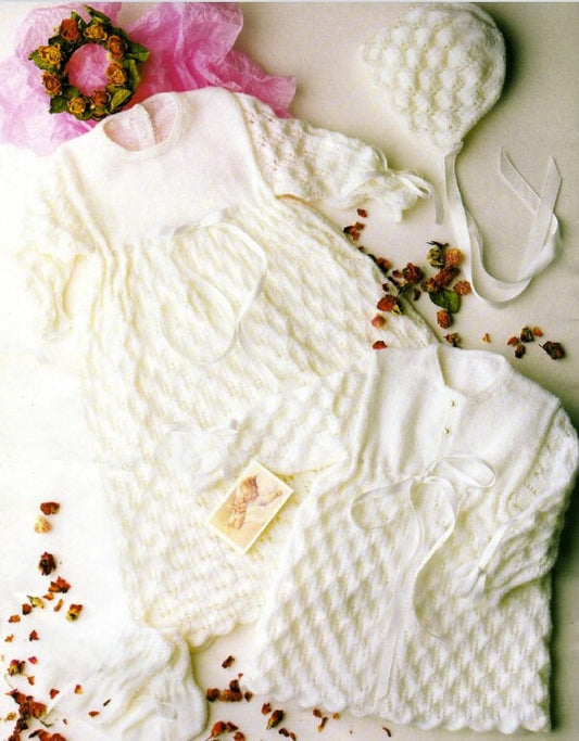 Vintage Knitting Pattern Baby Girl Diamond Waffle Christening Layette Set Gown Coat Bonnet Booties PDF Instant Digital Download 0-12m 3 Ply