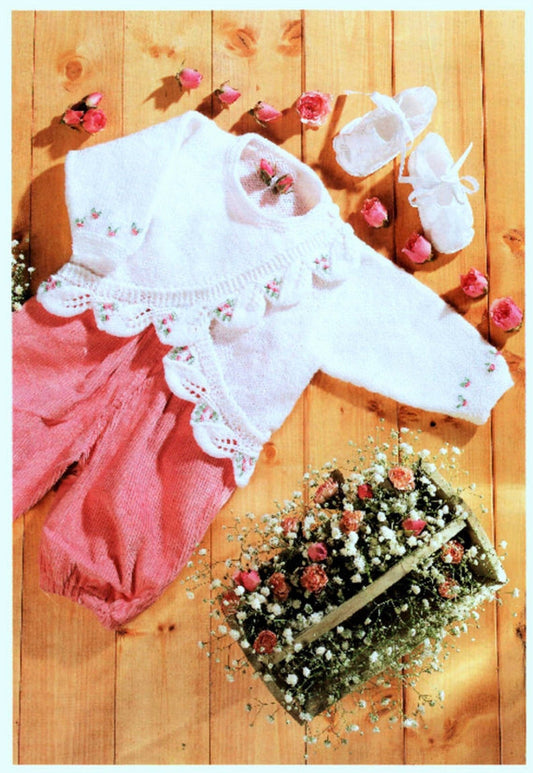 Vintage Knitting Pattern Baby Girl Wrap Over Cardigan Coat Top PDF Instant Digital Download Rosebud Leaf Border Trim 0 - 2 yrs DK 8 Ply