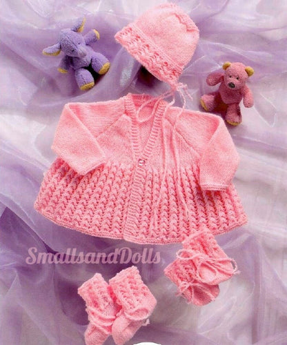 Vintage Knitting Pattern Baby Girl V Neck Matinee Coat Hat Booties Mitts Set PDF Instant Digital Download Preemie -6 months DK