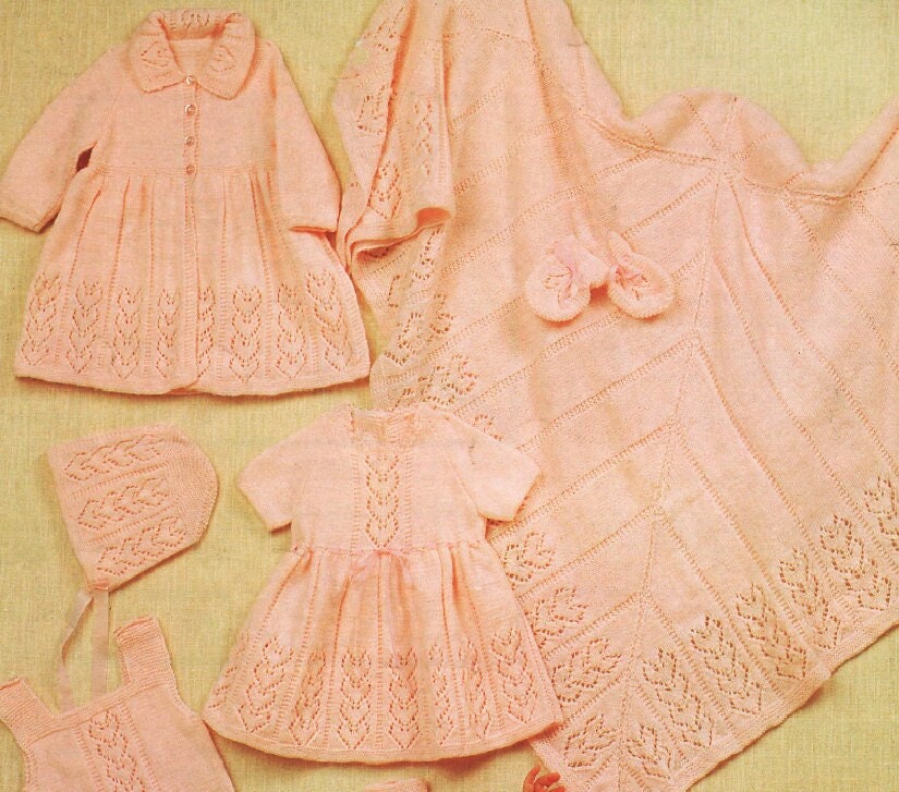 Vintage Knitting Pattern Baby Girl Clothes 9 Piece Linked Hearts Layette Set PDF Instant Digital Download Dress Coat Shawl 3-6 Months 3 Ply