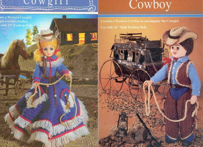 Vintage Crochet Patterns Cowboy & Cowgirl Outfits for 15" 16" Dolls PDF Instant Digital Download Western Dress Chaps Hats
