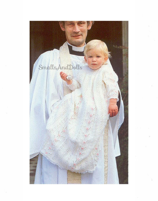 Vintage Knitting Pattern Baby Long Heirloom Christening Gown Dress Embroidered Flowers PDF Instant Digital Download Baptism 0-12m 3 Ply