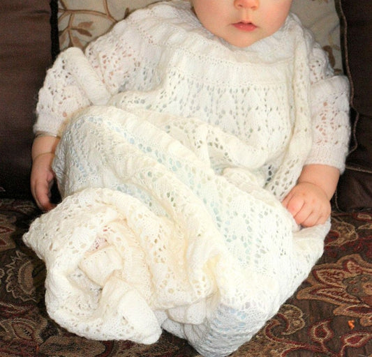 Vintage Knitting Pattern Baby Christening Dress and Bonnet Lacy Snowdrops PDF Instant Digital Download 3-6m 4 Ply