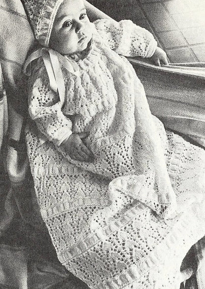 Vintage Knitting Pattern Baby Christening Dress and Bonnet Lacy Snowdrops PDF Instant Digital Download 3-6m 4 Ply