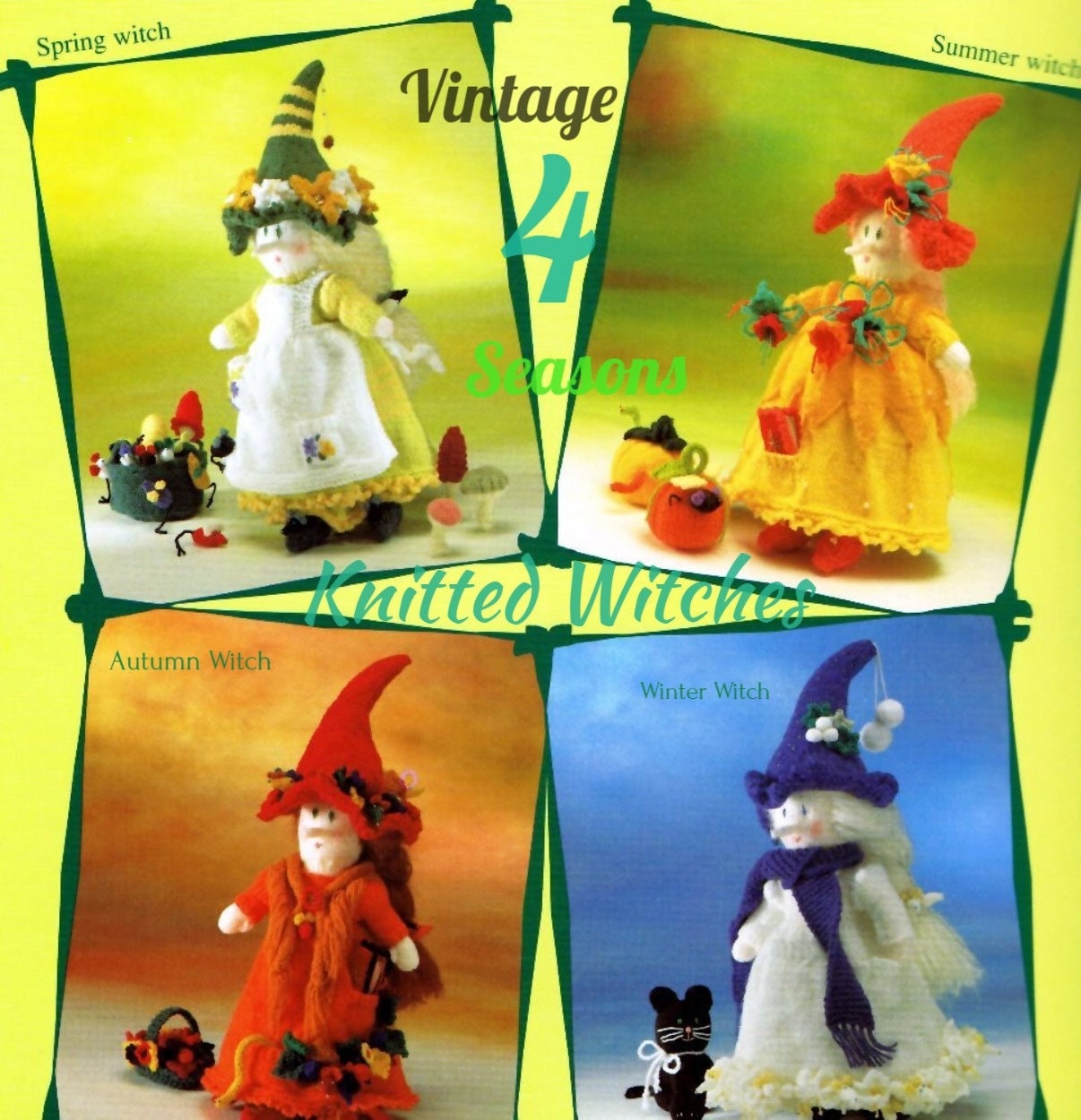 Vintage Knitting Pattern Knit Four Seasons Witch Dolls 20" PDF Instant Digital Download Winter Spring Summer Autumn Amigurumi Witches 8 Ply