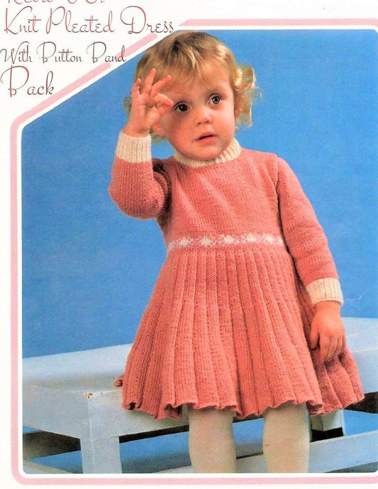 Vintage Knitting Pattern Toddler to Little Girl Classic Pleated Dress PDF Instant Digital Download Long Sleeves Pleated 18m- 7 yrs DK 8 Ply