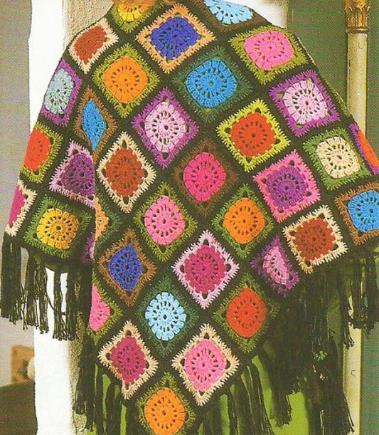 Vintage Crochet Pattern Womens Wagon Wheel Granny Square Shawl PDF Instant Digital Download Boho Gypsy Hippie Chic 5 Ply Scrap Yarn