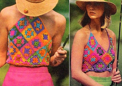 Vintage Crochet Pattern Womens Retro Granny Square Halter Tops PDF Instant Digital Download 2 Styles Hippie Boho Midriff Midis 1970s 5 Ply