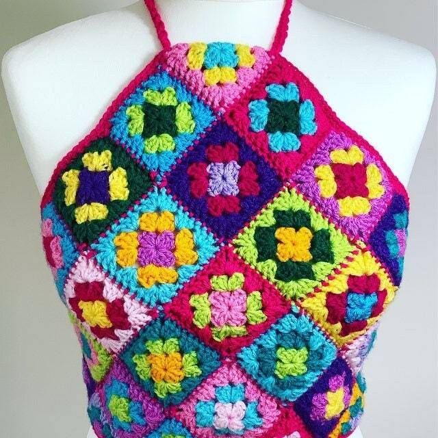 Vintage Crochet Pattern Womens Retro Granny Square Halter Tops PDF Instant Digital Download 2 Styles Hippie Boho Midriff Midis 1970s 5 Ply