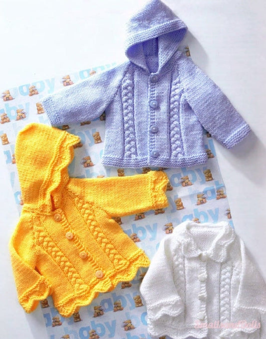 Vintage Knitting Pattern Baby Braided Panel Aran Cardigan Jackets PDF Instant Digital Download Hooded or Collared 0-24 m 10 Ply