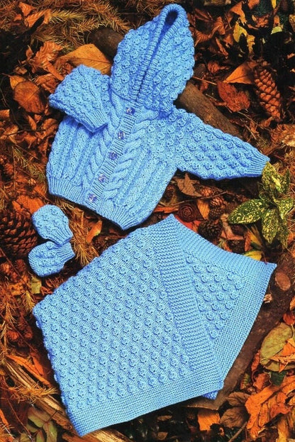 Vintage Knitting Pattern Baby Aran Hooded Cardigan Jacket Blanket Mitts Set PDF Instant Digital Download Cable Cardigan 0 - 4 yrs 10 Ply