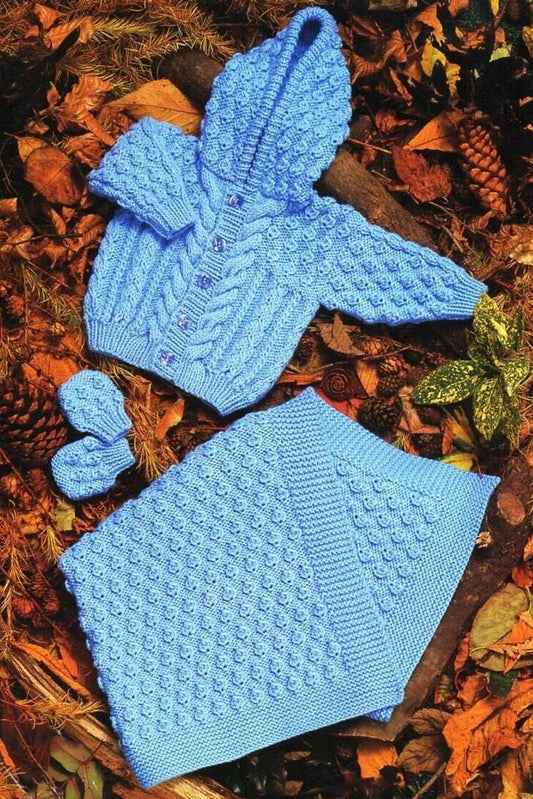 Vintage Knitting Pattern Baby Aran Hooded Cardigan Jacket Blanket Mitts Set PDF Instant Digital Download Cable Cardigan 0 - 4 yrs 10 Ply