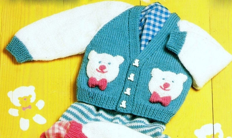 Vintage Knitting Pattern Baby Teddy Bear Face Motif Cardigan Sweater & Striped Leggings Set PDF Instant Digital Download 0-3 yrs DK
