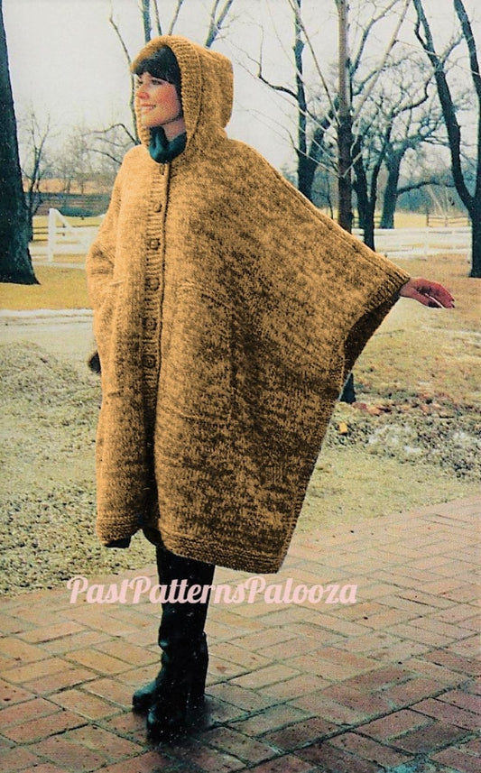 Vintage Knitting Pattern Womens Boho Hooded Poncho Coat PDF Instant Digital Download Retro Rectangle Sweater Cape 10 Ply One Size