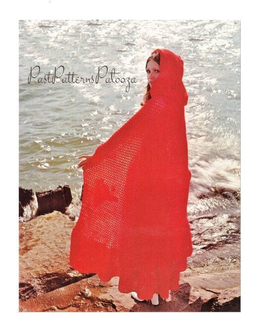 Vintage Crochet Pattern Womens Retro Long Hooded Cape Flounce Hem PDF Instant Digital Download '70s Mod Gypsy Chic 10 Ply Easy Beginners