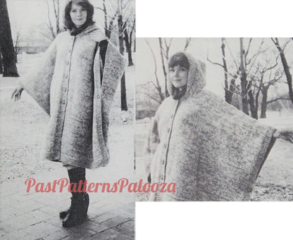 Vintage Knitting Pattern Womens Boho Hooded Poncho Coat PDF Instant Digital Download Retro Rectangle Sweater Cape 10 Ply One Size