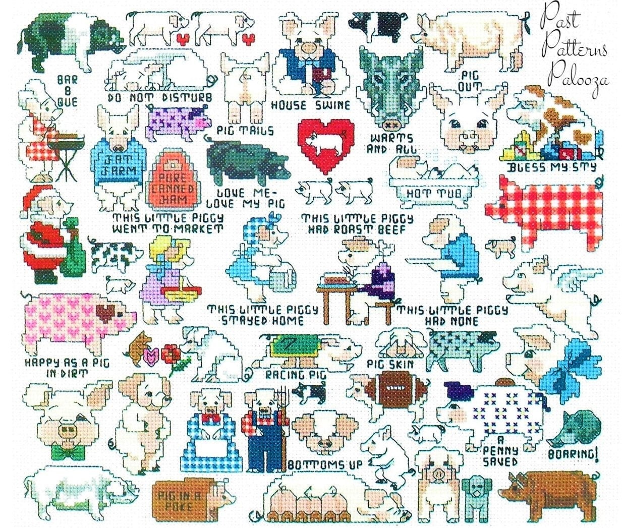 Vintage Cross Stitch Patterns Cute Mini Pig Motifs PDF Instant Digital Download Embroidery 30 Kitsch Quirky Humorous Piggy Designs A1