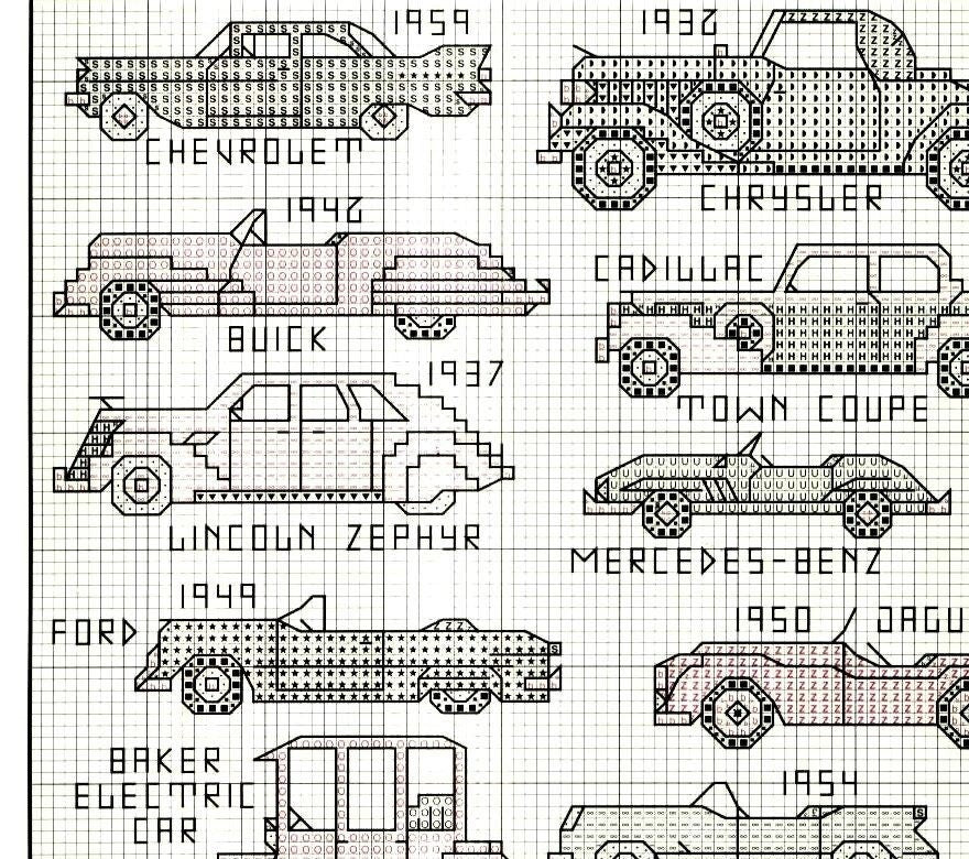Vintage Cross Stitch Patterns Mini Classic Cars Motifs PDF Instant Digital Download Embroidery 35 Retro Automobile Designs A1