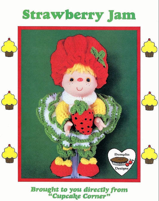 Vintage Crochet Pattern 14" Cupcake Corner Strawberry Jam Yarn Head Doll PDF Instant Digital Download 1980s Dumplin Designs 4 Ply Mitzy