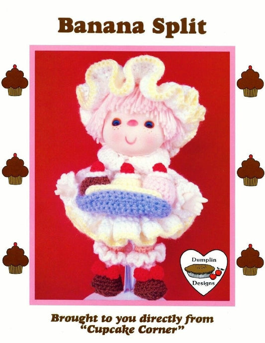 Vintage Crochet Pattern 14" Cupcake Corner Banana Split Yarn Head Doll PDF Instant Digital Download Retro 1980s Dumplin Designs 4 Ply Mitzy