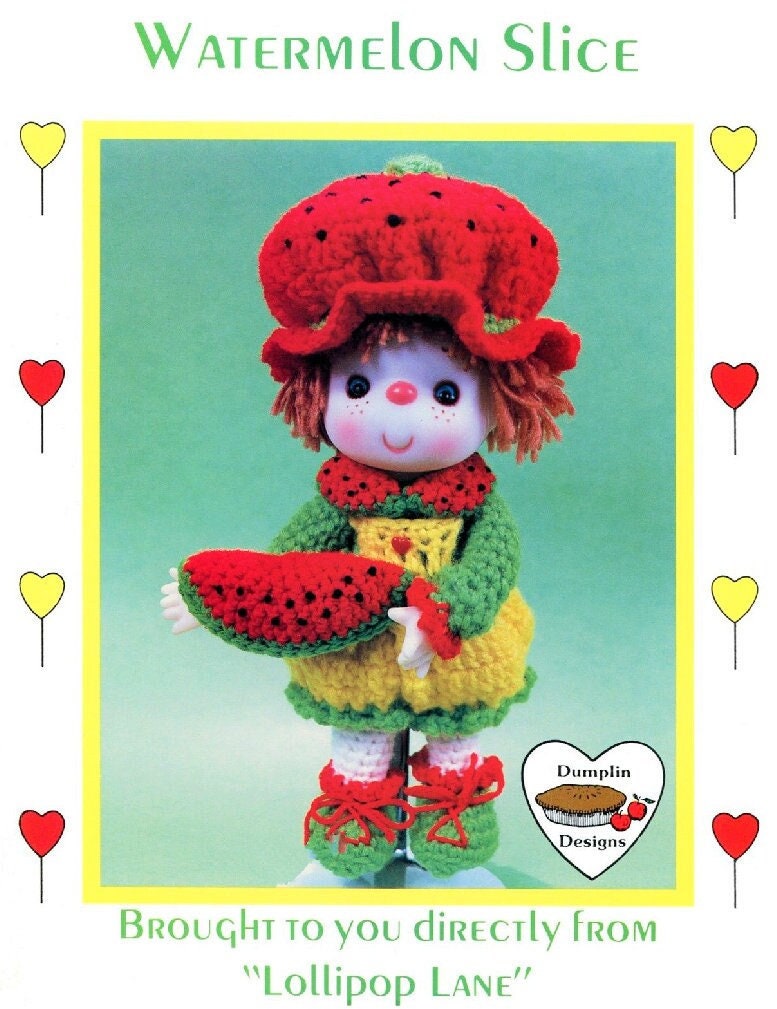 Vintage Crochet Pattern 14" Lollipop Lane Watermelon Slice Yarn Head Doll PDF Instant Digital Download Retro 1980s Dumplin Designs 4 Ply