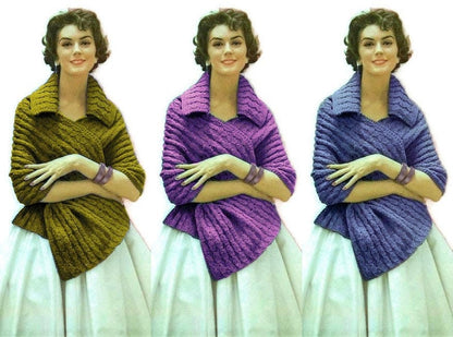 Vintage Knitting Pattern Womens Cabled Collared Shawl PDF Instant Digital Download Retro 1950s Wrap Cape Stole DK