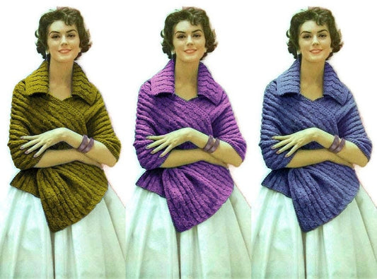 Vintage Knitting Pattern Womens Cabled Collared Shawl PDF Instant Digital Download Retro 1950s Wrap Cape Stole DK