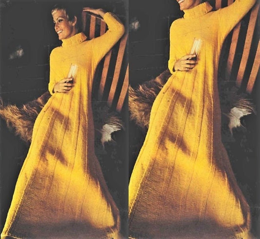Vintage Knitting Pattern Womens Evening Turtleneck Maxi Dress PDF Instant Digital Download Long Retro Ribbed Floor Length Dress 8 Ply