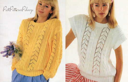 Vintage Knitting Pattern Womens Lacy Leaf Panel Summer Tops Loose Knit Cotton Short & Long Sleeved PDF Instant Digital Download DK