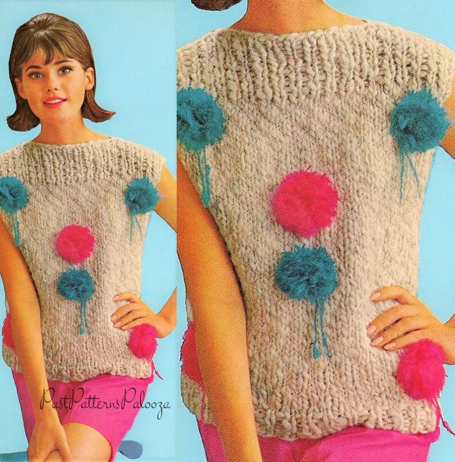 Vintage Knitting Pattern Womens Knit Pompom Shell Top Short Sleeve Sweater Summer Pullover PDF Instant Digital Download Mohair Bulky 12 Ply