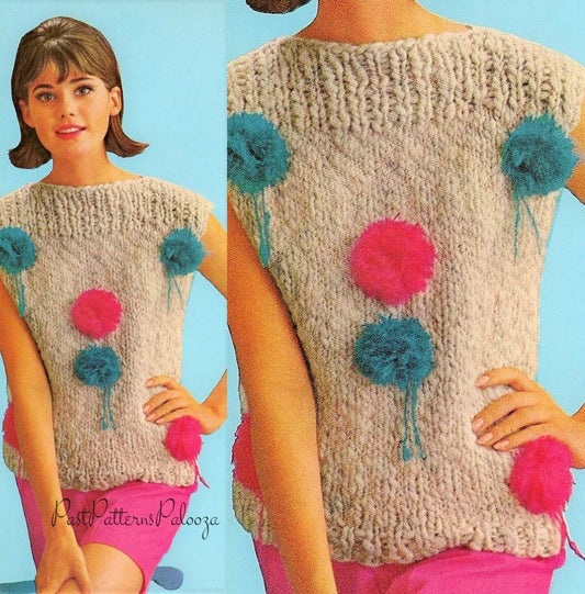 Vintage Knitting Pattern Womens Knit Pompom Shell Top Short Sleeve Sweater Summer Pullover PDF Instant Digital Download Mohair Bulky 12 Ply
