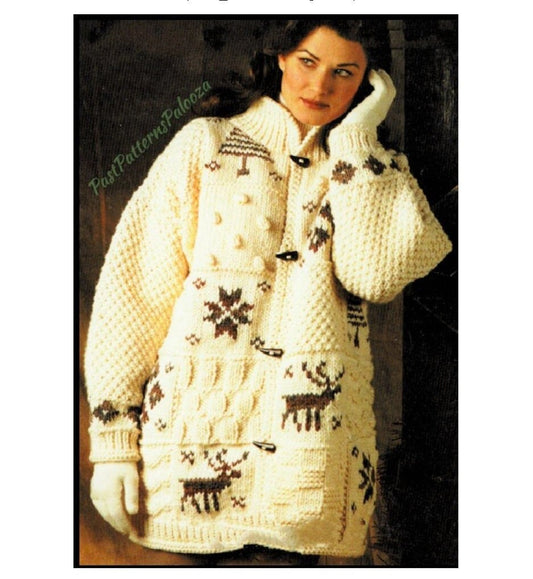 Vintage Knitting Pattern Womens Sweater Jacket Coat Reindeer Snowflake Christmas Sampler PDF Instant Digital Download Bulky 12 Ply