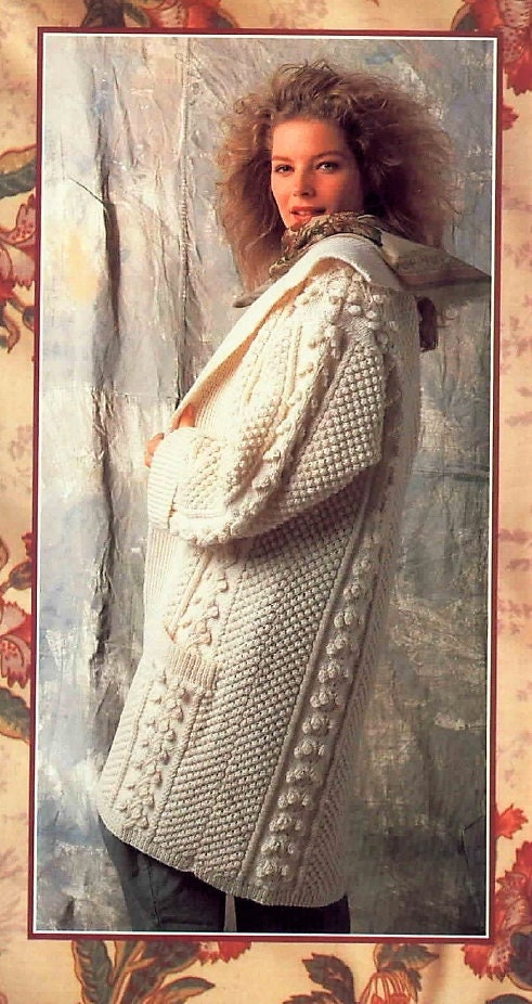 Vintage Knitting Pattern Womens Long Knit Aran Sweater Coat PDF Instant Digital Download Open Cardigan Jacket Bramble Stitch 10 Ply