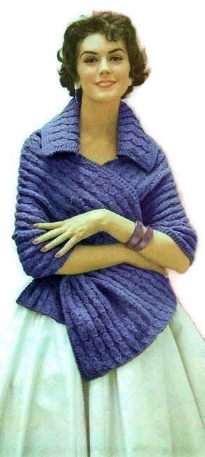 Vintage Knitting Pattern Womens Cabled Collared Shawl PDF Instant Digital Download Retro 1950s Wrap Cape Stole DK